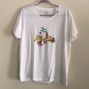 J. Crew Factory White Tee with Colorful Animal Travel Print